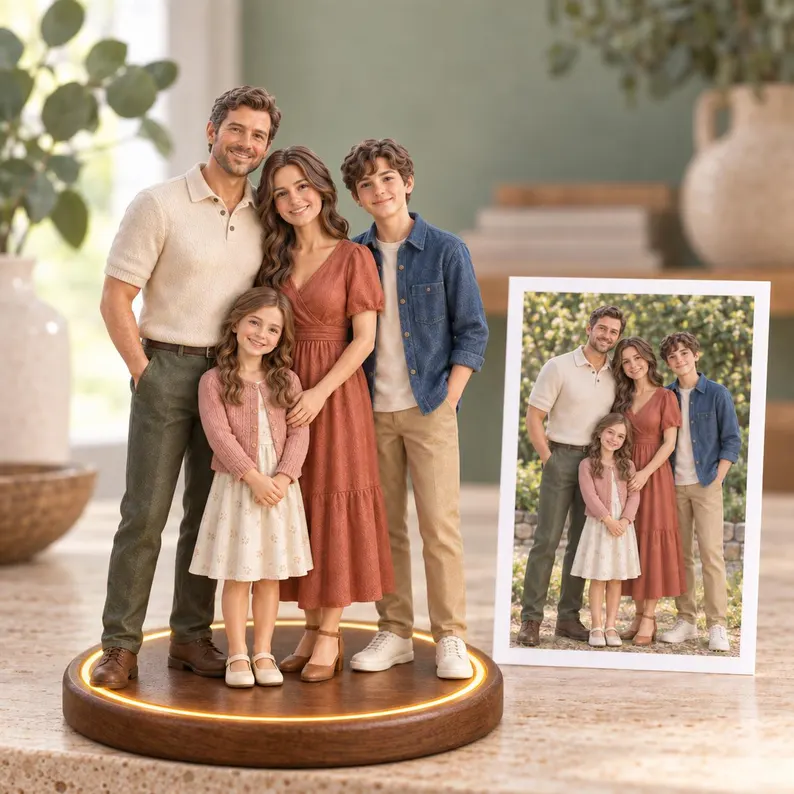 Realistic resin figurines customized from photos, personalized as family or couple portraits, or pet statuesâideal as wedding anniversary gifts, family memorials, or custom pet keepsakes.
