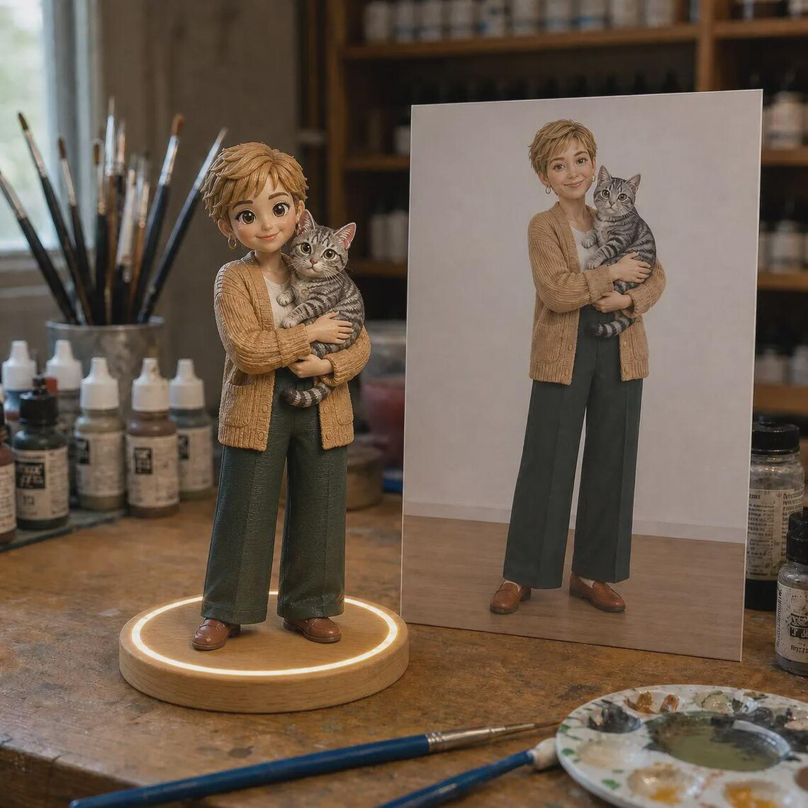 Realistic resin figurines customized from photos, personalized as family or couple portraits, or pet statuesâideal as wedding anniversary gifts, family memorials, or custom pet keepsakes.