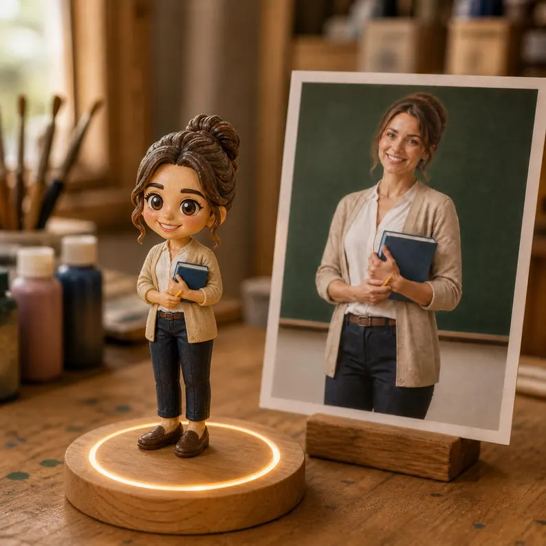 Custom 3D Family Figurine From Photo, Hand-Painted Personalized Statue, Wood Light Base