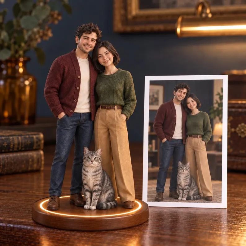 Realistic resin figurines customized from photos, personalized as family or couple portraits, or pet statuesâideal as wedding anniversary gifts, family memorials, or custom pet keepsakes.