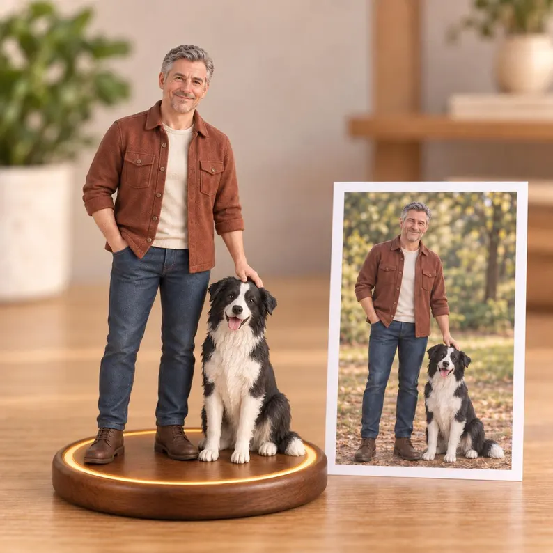 Realistic resin figurines customized from photos, personalized as family or couple portraits, or pet statuesâideal as wedding anniversary gifts, family memorials, or custom pet keepsakes.