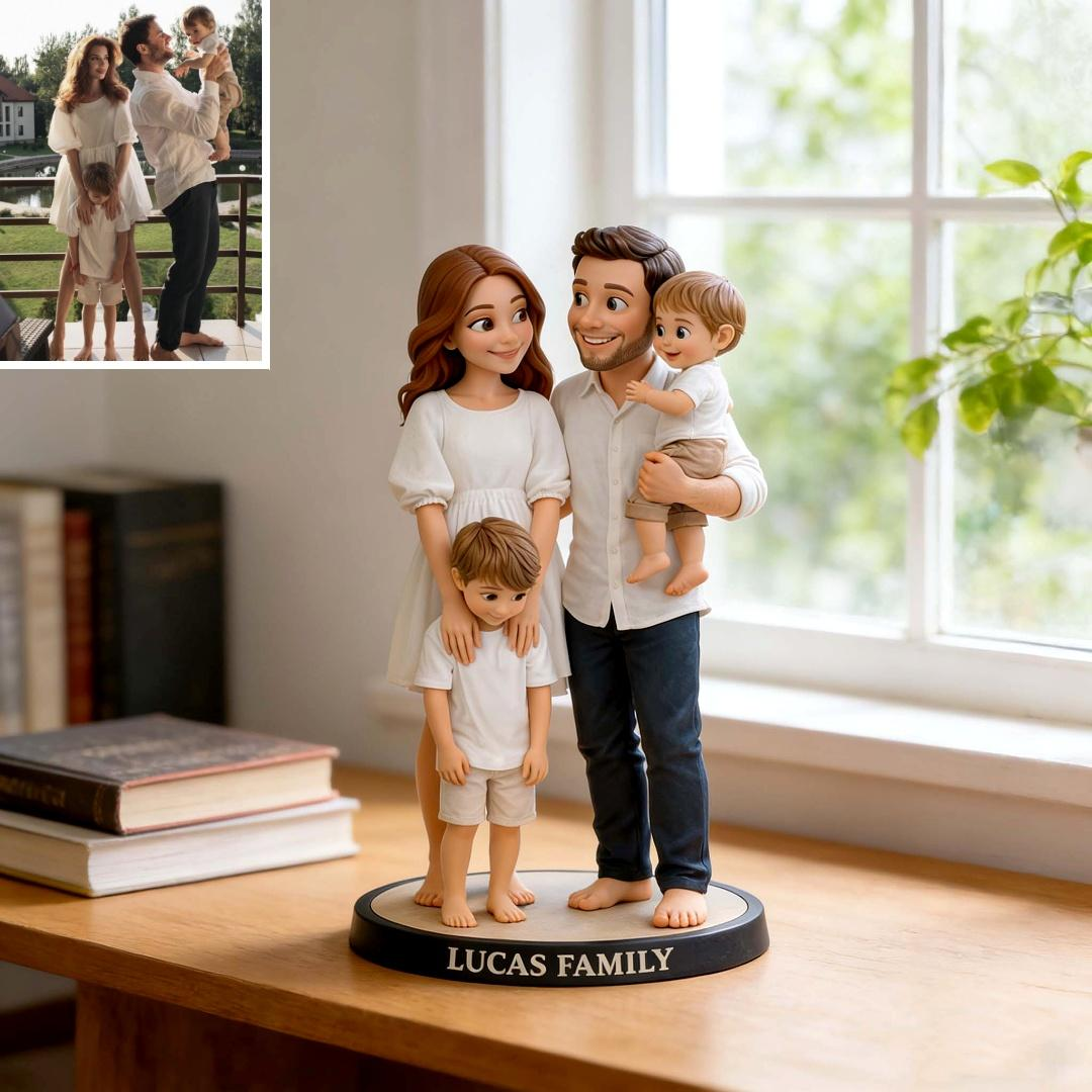 Custom 3D Family Figurine From Photo, Hand-Painted Personalized Statue, Wood Light Base