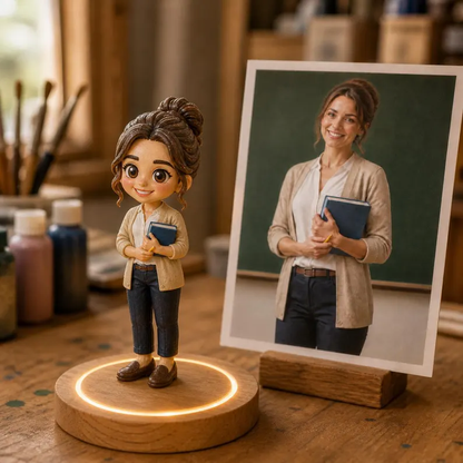 Custom 3D Family Figurine From Photo, Hand-Painted Personalized Statue, Wood Light Base