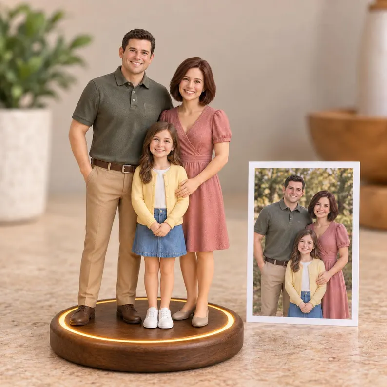 Realistic resin figurines customized from photos, personalized as family or couple portraits, or pet statues—ideal as wedding anniversary gifts, family memorials, or custom pet keepsakes.