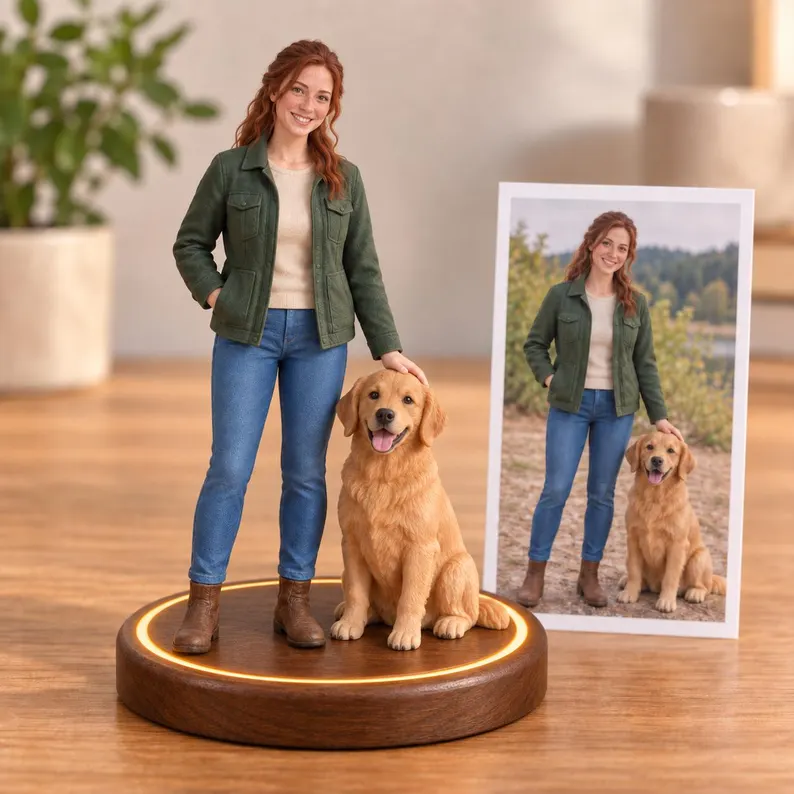 Realistic resin figurines customized from photos, personalized as family or couple portraits, or pet statues—ideal as wedding anniversary gifts, family memorials, or custom pet keepsakes.