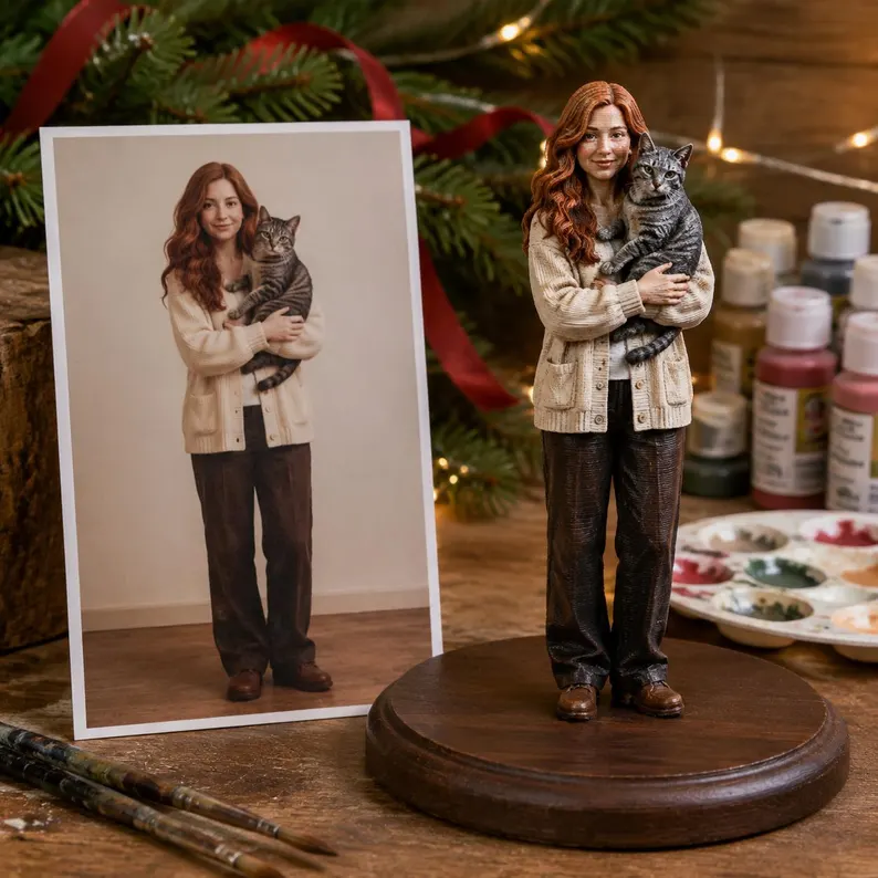 Custom 3D Family Figurine From Photo, Hand-Painted Personalized Statue, Wood Light Base