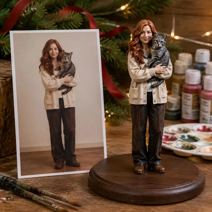 Custom 3D Family Figurine From Photo, Hand-Painted Personalized Statue, Wood Light Base
